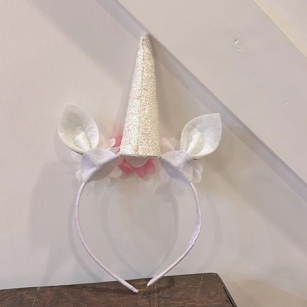 Sparkly Floral Unicorn Girls Headband White Silver Pink